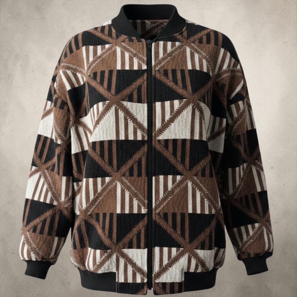 Vintage Harlan Tapestry Bomber Jacket Geometric Woven Brown Black USA Medium